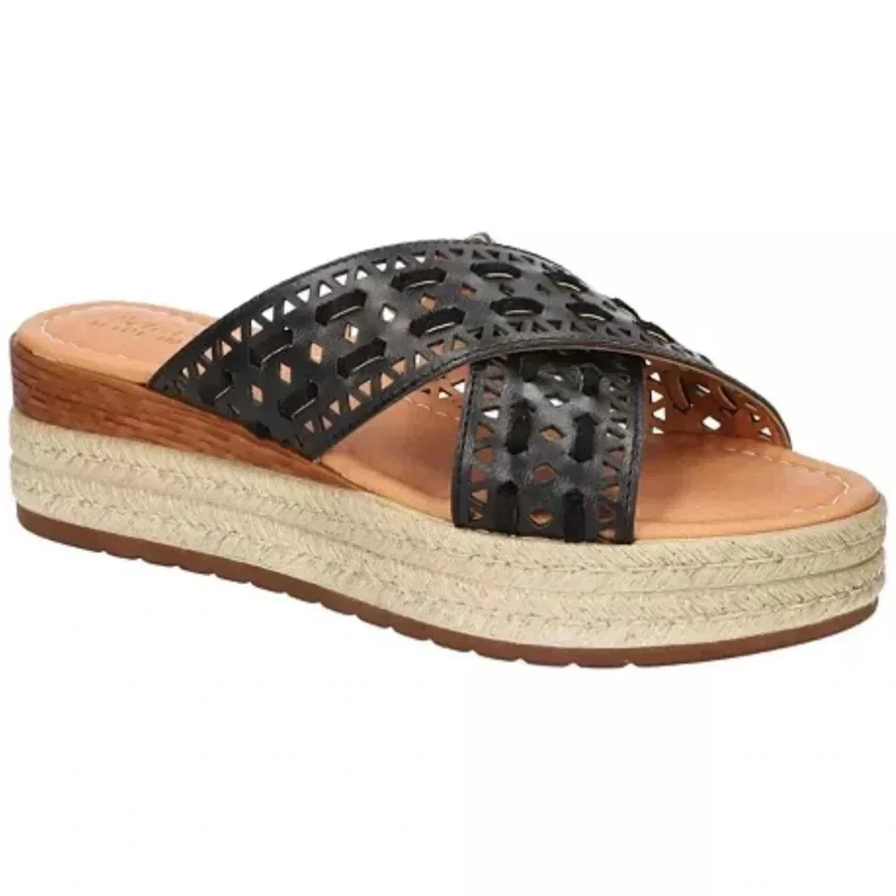 New Bella Vita Exa-Italy Wedge Sandal, Black Leather Size 7.5